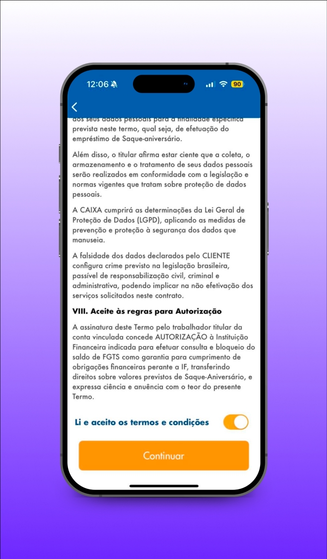 Sétimo passo: Aceite os termos e clique em 'Continuar'